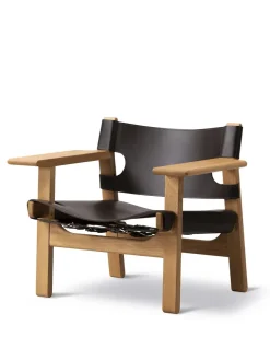 Den Spanske Stol i mørkebrun læder, eg olie af Børge Mogensen