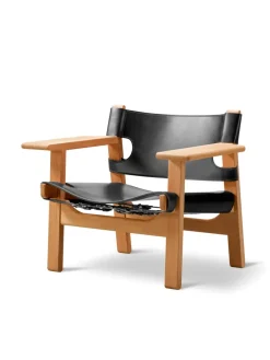 Den Spanske Stol i mørkebrun læder, eg olie af Børge Mogensen